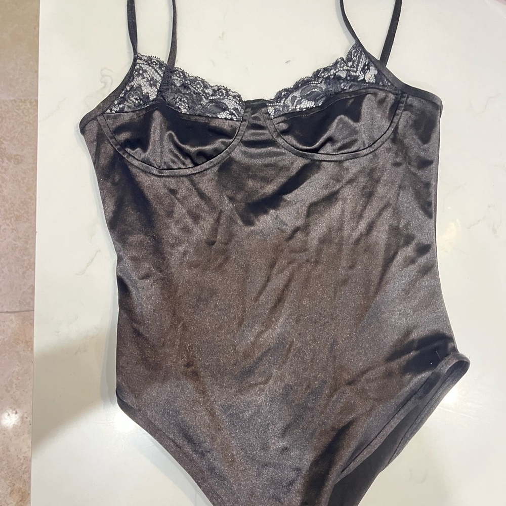 Free People Black Silk Lace Trim Bodysuit